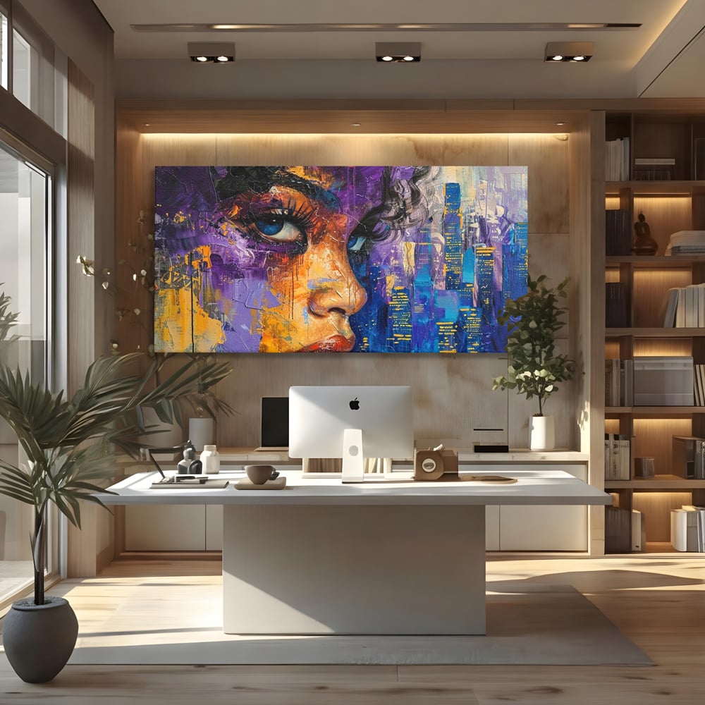 Tablou canvas cu pictura digitala cu profil de femeie, fara rama, pe sasiu de lemn, pe perete intr-un birou